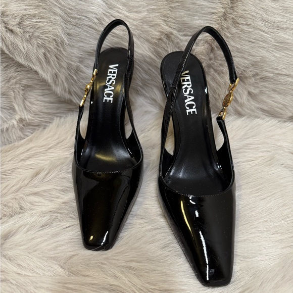 Versace Black Slingback Heels with Square Toe